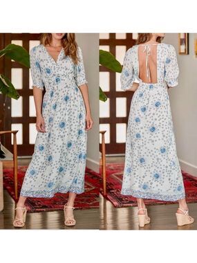 Lulus Perfect Days White Blue Floral Open Back Midi Dress size small